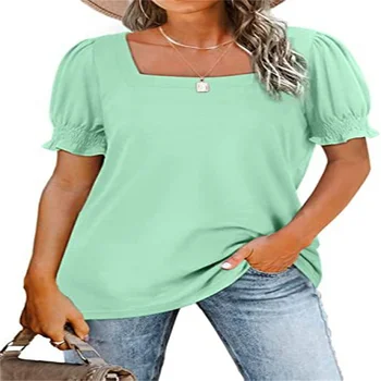 Женский новый стиль, однотонная свободная футболка с квадратным вырезом и коротким рукавом, вязаный топ, модный универсальный женский топ