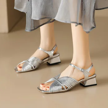 Phoentin / новые женские босоножки с открытым носком на среднем каблуке 2023, летняя вечеринка, свадебные сексуальные туфли, большие размеры 43, обувь для подиума, золото FT2531