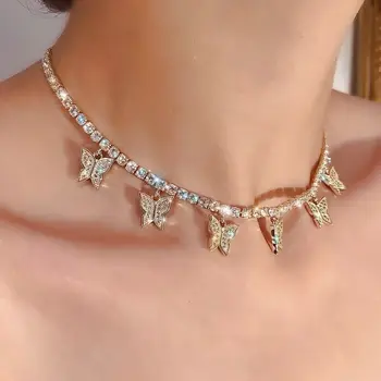 Классическое модное ожерелье с подвеской в виде бабочки, золотисто-серебристый цвет, Хрустальные цепочки, Чокеры, ожерелья для женщин, элегантные украшения для вечеринок