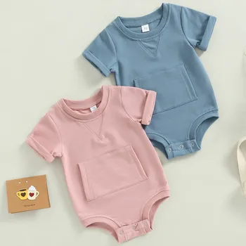 Одежда для маленьких девочек и мальчиков, летнее боди 2023, однотонный свободный комбинезон с короткими рукавами и круглым вырезом от 3 до 24 месяцев