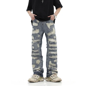 Оригинальный дизайн, рваные широкие джинсы из денима, мужские прямые джинсы в складку, High Street Vibe, рваные джинсы с дырками для мужчин