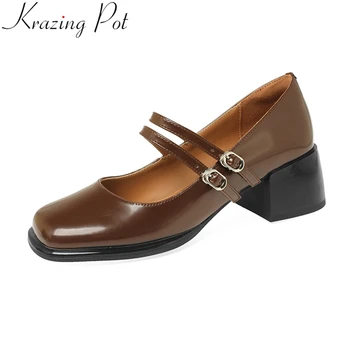 Krazing Pot 2023 Весенняя обувь из лакированной кожи на толстом каблуке с квадратным носком и ремешками с пряжкой; Офисные женские туфли-лодочки Mary Janes в стиле Лолиты;