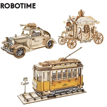 Robotime 2 Вида DIY 3D Транспорт Деревянная Модель Строительные Наборы Винтажный Автомобиль Трамвайная Тележка Игрушка в Подарок для Детей И Взрослых