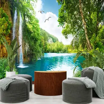 Индивидуальная фреска с водопадом и лотосом, красивый природный пейзаж, лесная водная роспись, украшение дома, дерево, 3D обои