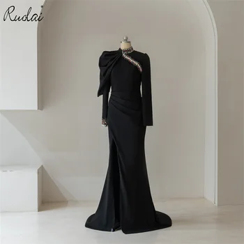 Вечерние платья Ruolai с длинным рукавом, скромное платье Русалки для выпускного вечера, расшитое бисером, Черное вечернее платье на молнии сзади LDB0015