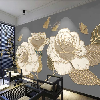 Настенная роспись на заказ, красивые золотые рельефные обои с розами и бабочками, фон для телевизора в гостиной, домашний декор Papel De Parede