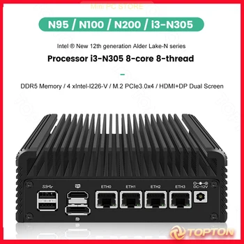 Intel i3 N305 N200 N100 12-го поколения 4xi226-V 2.5G LAN Безвентиляторный Мини-ПК Брандмауэр DDR5 4800 МГц Proxmox ESXi Soft Маршрутизатор Хост-сервер
