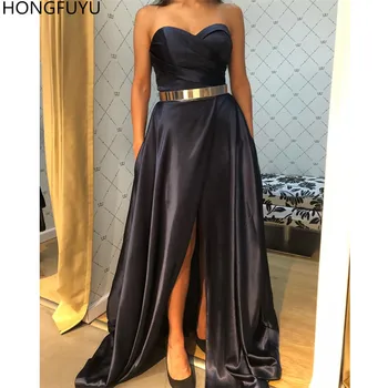 Темно-синие платья для выпускного вечера HONGFUYU трапециевидной формы, вечерние платья vestidos de fiesta, Длинное атласное вечернее платье в виде сердечка с карманами