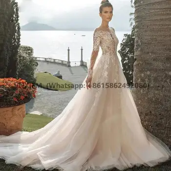 Кружевные свадебные платья с длинным рукавом 2023, аппликации, мягкий тюль, пляжное свадебное платье принцессы, плюс размер, иллюзионное платье с длинным шлейфом