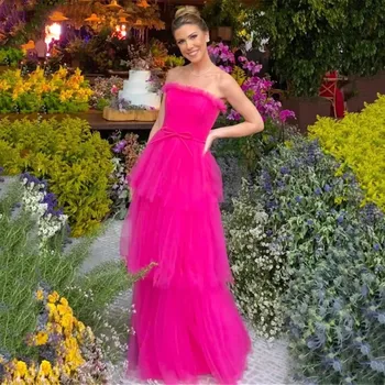 Vestidos De Fiesta Элегантные вечерние платья Для женщин для официальных мероприятий Свадебные платья без бретелек из ярко-розового многоуровневого тюля Met Gala
