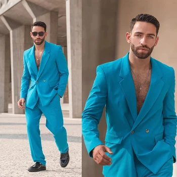 Двубортные синие мужские костюмы на двух пуговицах для свадьбы, 2 предмета, куртка + брюки, модный блейзер для жениха Terno Masculino, Брюки на заказ