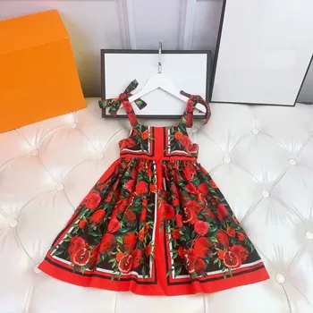 Топовый бренд 2023 года, новое платье для девочек с подвешенным красным цветком, галстук-бабочка, платье для девочек на хлопковой подкладке