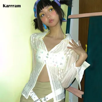 Karrram Y2k Эстетика Кружевная рубашка 00s Fairycore Прозрачная Блузка Японский Harajuku Сексуальная Тонкая Рубашка E-girl 2000s Одежда Гранж