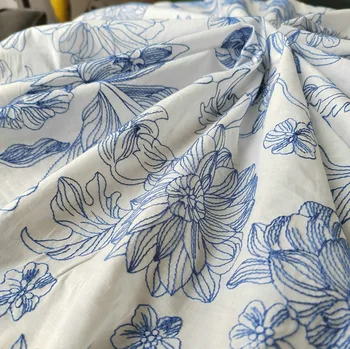 Хлопчатобумажная ткань, вышитая синей нитью кружевная ткань, платье, рубашка, ткань для одежды, Аксессуары для шитья одежды своими руками Ширина 130 см 1 ярд
