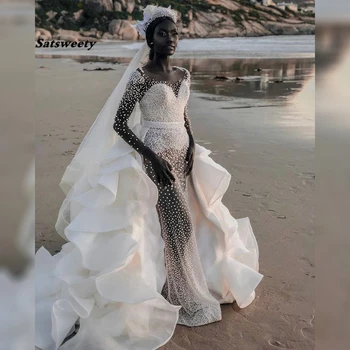 Свадебное платье Illusion Mermaid Винтажное Арабское свадебное платье с прозрачным вырезом и жемчугом, со съемным шлейфом, плюс Размер, сшитый на заказ