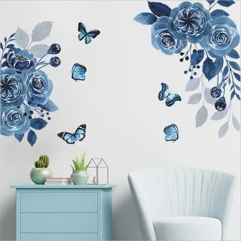 Синие наклейки с бабочкой и цветком чародейки для украшения стен спальни, крыльца, дома, Виниловые самоклеящиеся 3D обои