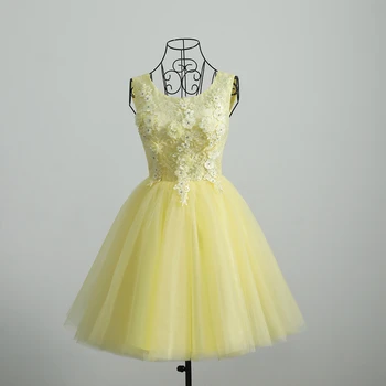 Желтые платья для выпускного вечера 2023 Короткое кружевное бальное платье с цветочным рисунком без рукавов с глубоким вырезом для официальной вечеринки Вечернее платье для особого случая