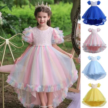 Детское Праздничное платье для девочек на весну и лето для девочек, детское платье с разноцветным шлейфом, тюлевые платья для девочек, платья для первого дня рождения