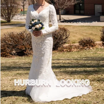 Классические свадебные платья HERBURN С длинными рукавами и шлейфом на молнии, V-образный вырез без спинки, Элегантная Богиня Vestidos De Novia на заказ
