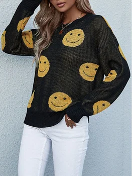 LiTi Новый Осенне-зимний вязаный свитер 2022, Пуловер, Модный Женский Черный свитер с улыбающимся лицом и длинными рукавами