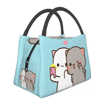 Изготовленная на заказ сумка для ланча с персиком и котом Моти, женская сумка-холодильник, термоизолированные ланч-боксы для работы, пикника или путешествий