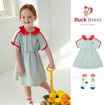 Летнее детское платье 2023, детская повседневная одежда, милое контрастное платье с мультяшной вышивкой для девочек