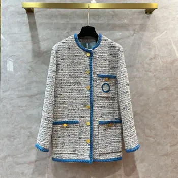 2023 Высококачественное модное пальто ручной работы из синего твида с темпераментом для женщин