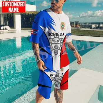 Пользовательское название Puerto Rico Boricua Country Tattoo Винтажные Повседневные рубашки с 3D принтом, Брюки, Комбинированные Костюмы, Летняя Уличная Одежда с короткими рукавами J