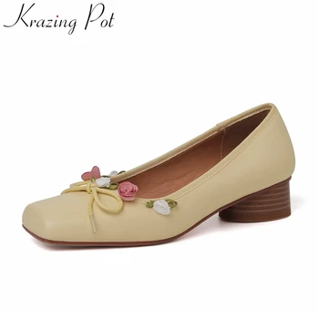 Krazing Pot / Модные весенние туфли без застежки из натуральной кожи на среднем каблуке с квадратным носком в цветочек, однотонные вечерние женские туфли-лодочки в стиле милого платья.