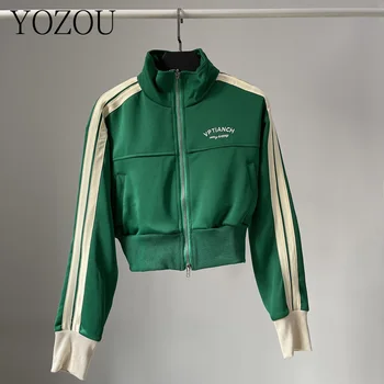 [YOZOU] Весенняя бейсбольная укороченная куртка с двойной молнией, женская верхняя одежда, вышитое полосатое зеленое, черное, Белое, синее пальто на молнии