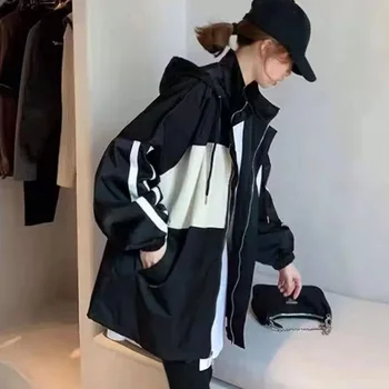 2023 Весна-осень, Корейская модная Женская повседневная куртка, пальто с длинным рукавом, свободная куртка на молнии в стиле пэчворк