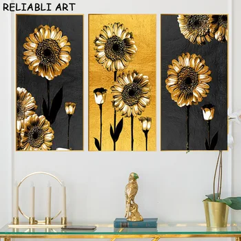 Плакат с золотой вазой, лилией, подсолнухом и принтами, абстрактная живопись на холсте, настенные картины для гостиной, домашний декор без рамки