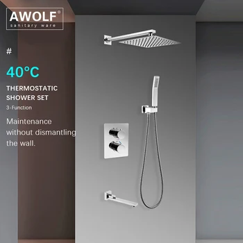 Awolf Хромированный Набор для душа в ванной Комнате Настенный Термостатический Смеситель Душевая Система Массивный Латунный Квадратный Черный Смеситель для ванны AH3062
