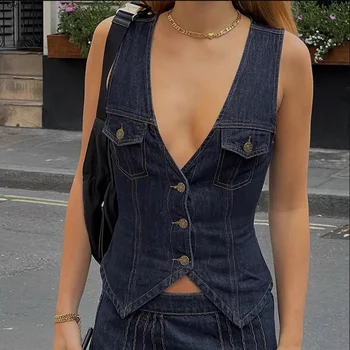 Летний женский джинсовый жилет 2023 года, новый дизайн кармана, V-образный вырез, однобортный джинсовый жилет без рукавов, бесплатная доставка