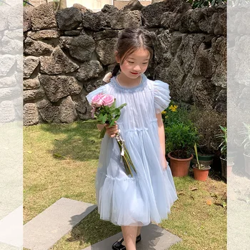 Летняя маленькая принцесса, модные сетчатые платья для девочек, однотонное крутое платье-пузырек без рукавов, сарафан