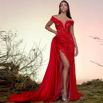 Красное элегантное вечернее платье с открытыми плечами, V-образный вырез, длина до пола, со шлейфом, вечернее платье с высоким разрезом, платья для выпускного вечера