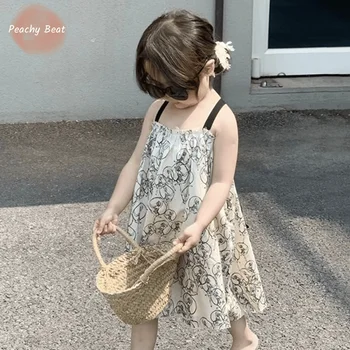Модное хлопковое платье-слинг для маленьких девочек, платье на подтяжках без рукавов с картонным принтом, Vestido, повседневная детская одежда от 1 до 10 лет