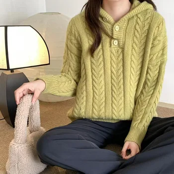 Утолщенный свитер кабельной вязки с капюшоном, свободная осенне-зимняя верхняя одежда в японском стиле, свитер с капюшоном на пуговицах в стиле ретро