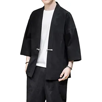 Мужская куртка-кимоно, кардиган из хлопковой смеси и льна, кардиган с семью рукавами, куртка из хлопка и льна, пальто китайского кунг-фу