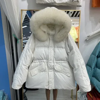 Куртка на 100% Белом утином пуху, женская Зима 2021, Корейская Свободная талия, воротник из натурального меха, Толстая теплая парка, Верхняя одежда и пальто