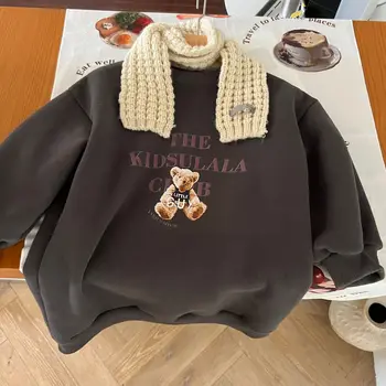 Осень и зима 2022, Новый Корейский детский свитер, флисовое платье для ванной для девочек, одежда с мультяшным медведем Дэвидом