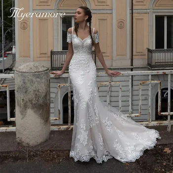 Свадебное платье Русалка с открытыми плечами на тонких бретельках С кружевными аппликациями Свадебное платье-футляр со шлейфом на пуговицах Vestidos De Novia 2023