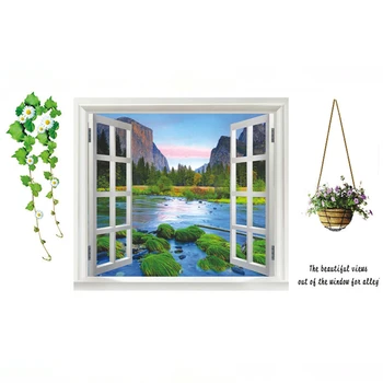 Зеленые горные пейзажи с чистой водой, поддельные 3D-окна, виниловые фрески, Украшение дома, цветок, Виноградная лоза, пейзаж, плакат, обои 90 *60 см