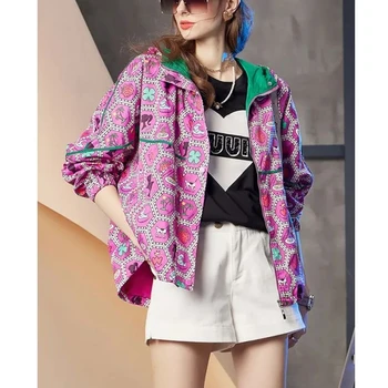 Фиолетовая куртка с принтом, бейсбольная куртка с капюшоном, женское Корейское модное дизайнерское повседневное свободное пальто, Весна-осень 2022, Новая уличная одежда