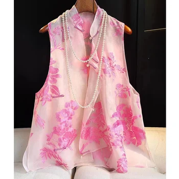 Высококачественный летний модный вишнево-розовый топ, Новый китайский стиль, однобортный Женский жилет с вышивкой из шелковой органзы S-XL