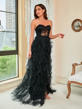 Женские вечерние платья GUXQD Black Illusion Sweetheart с разрезом сбоку, сексуальные платья принцессы в складку для выпускного вечера, праздничное платье
