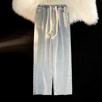 Новые летние джинсы Для мужчин длиной до щиколоток, повседневные Свободные широкие брюки, Прямые винтажные джинсовые брюки с завязками на талии, мужская одежда H116