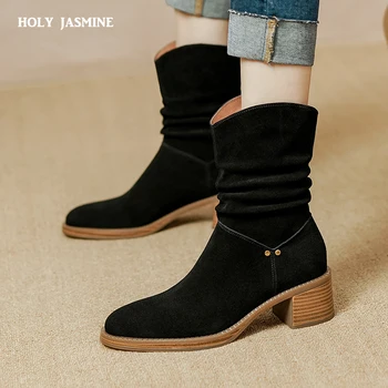 Новые осенние женские ботинки, массивная обувь с круглым носком, женская обувь из коровьей замши, Черные туфли, женские лаконичные ботинки в западном стиле, Ковбойские сапоги для женщин